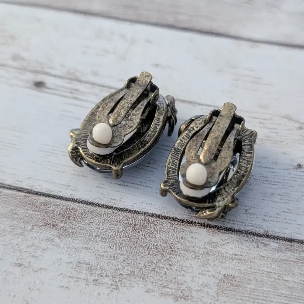 Vintage Clip On Earrings Large Blue Gem with Leaf Detail